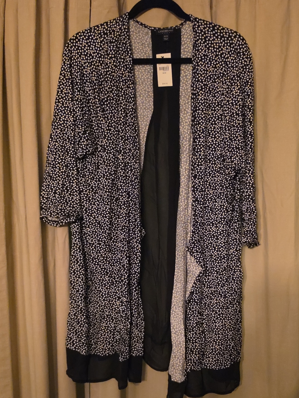 Lane Bryant Black and White Dot Lightweight Open Duster with Black Hem